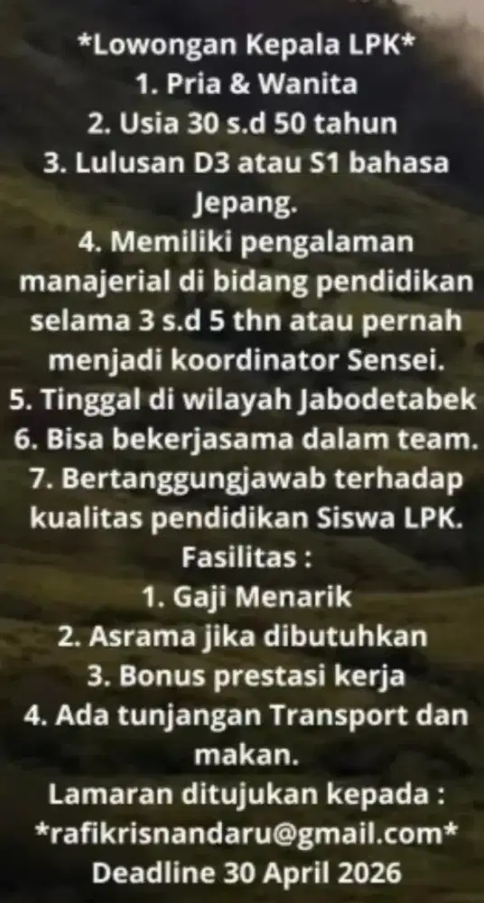 Lowongan untuk kepala LPK