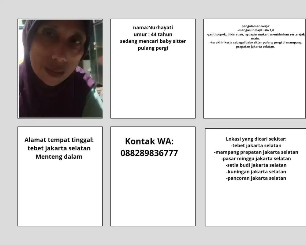 saya sedang mencari pekerjaan baby sitter pulang pergi