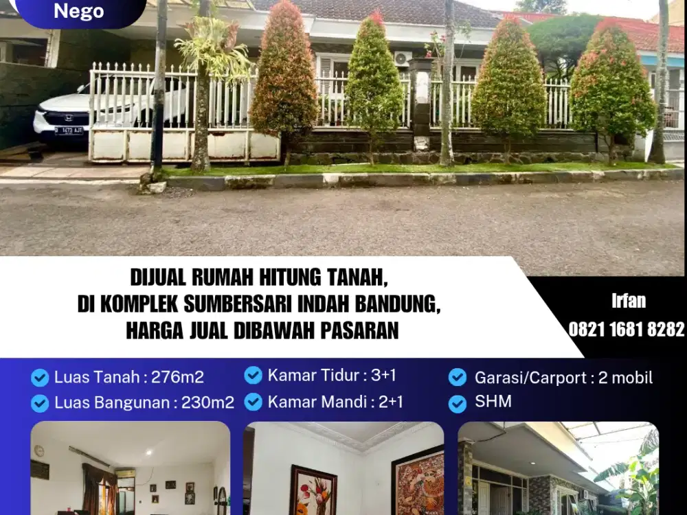 Dijual Rumah Hitung Tanah, 
di Komplek Sumbersari Indah Bandung, 
Harga Jual Dibawah Pasaran