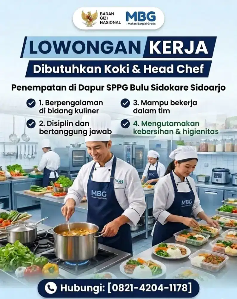 Dicari pekerja Chef & Koki utk dapur MBG di Sidoarjo kota