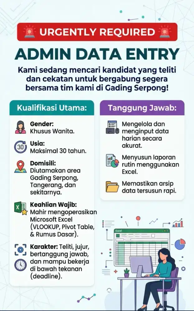 urgent dibutuhkan admin data gading serpong