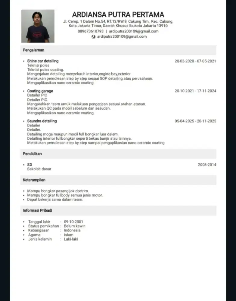 Cari lowongan teknisi detailing/poles