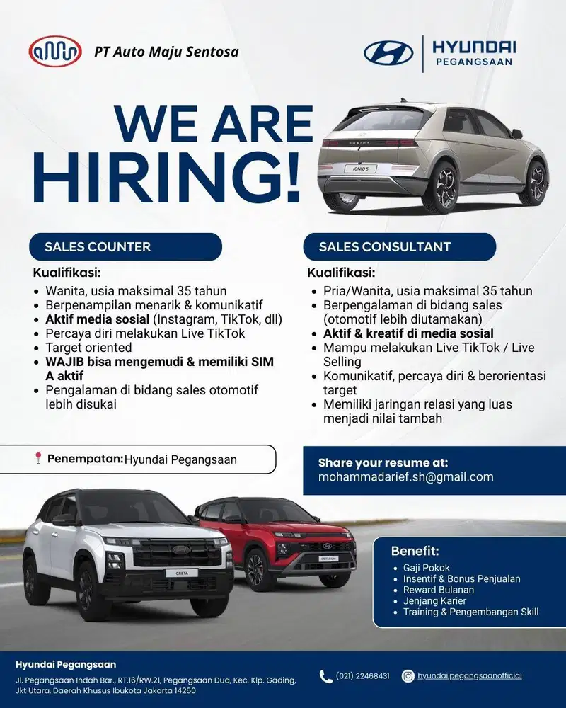 Lowongan Sales Consultant dan Sales Counter Hyundai Kelapa Gading