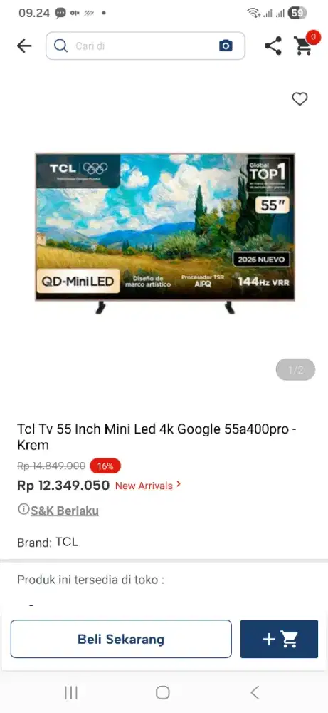 Tcl tv 55 inci mini led google tv 55a400pro