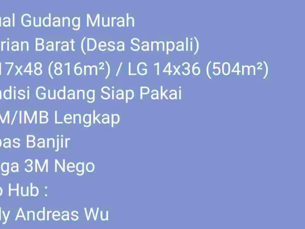 Dijual Gudang jl. Irian Barat Dekat Tol H. Anif