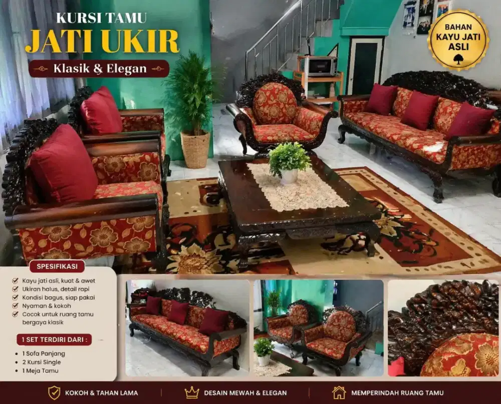 Dijual set kursi meja ukir kayu jati