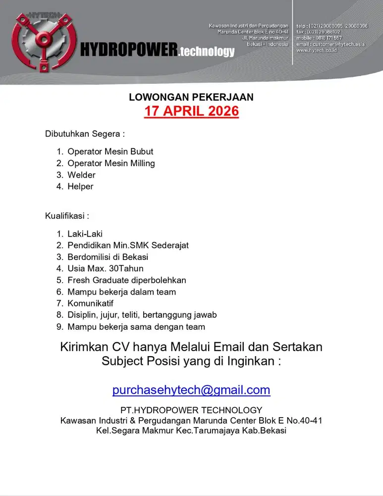 Lowongan Kerja ( admin, welder, bubut, milling )