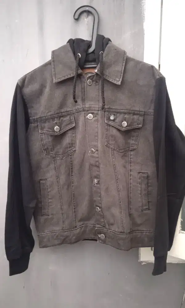 JAKET JEANS DENIM HOODIE size L Trucker mix Sweater Abu-Abu Hitam