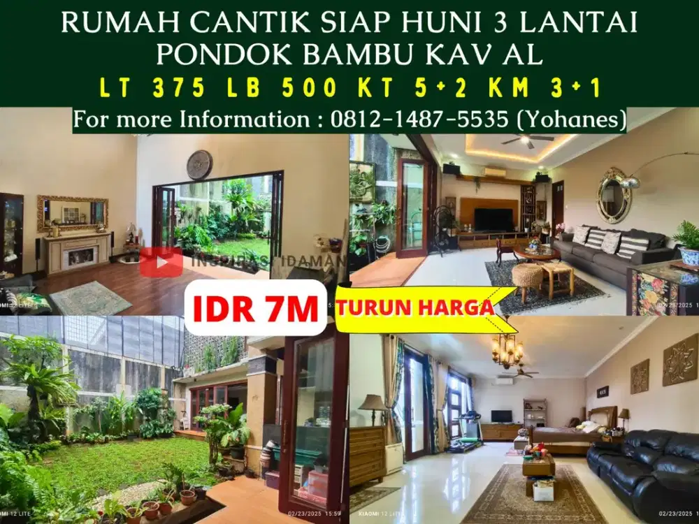 Jual Cepat Rumah Cantik siap huni 375mtr 3 lantai Pondok Bambu Kav AL