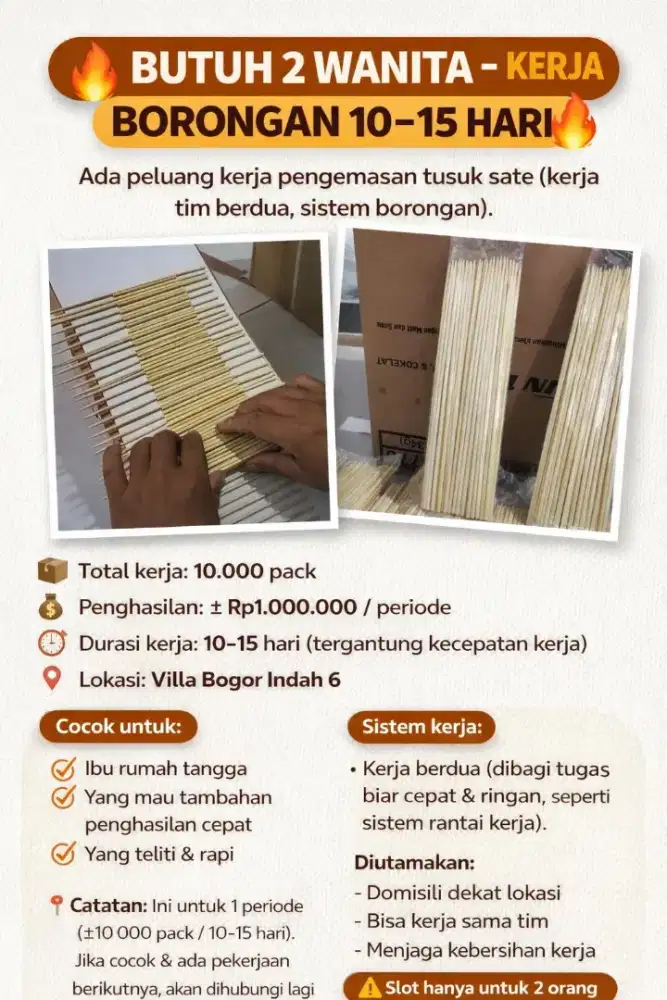Lowongan Kerja Borongan Packing Tusuk Sate 1 Juta 10 Hari