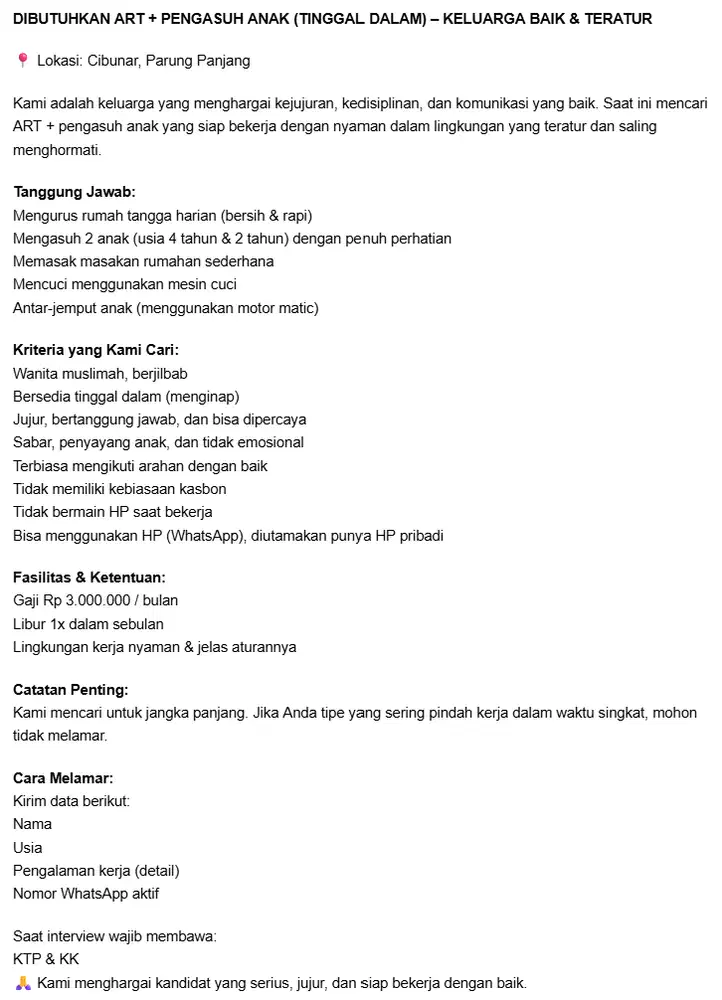 DIBUTUHKAN ART + PENGASUH ANAK (TINGGAL DALAM) – KELUARGA BAIK & TERAT