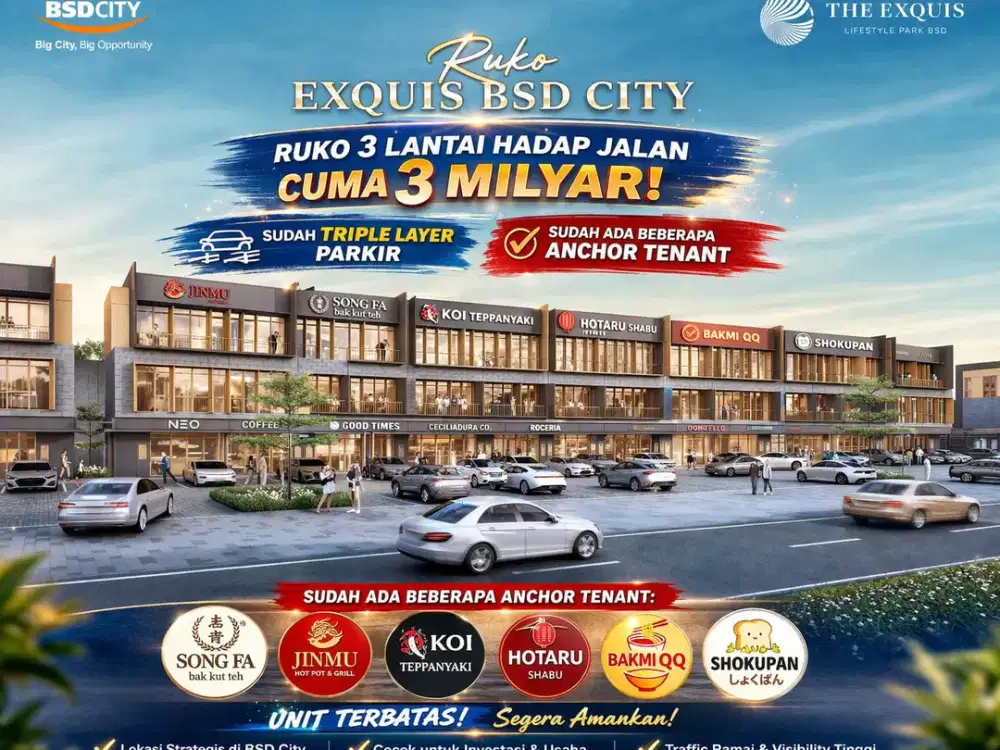 Ruko 3 lantai hadap jalan Sudah triple layer parkir di bsd The Exquis