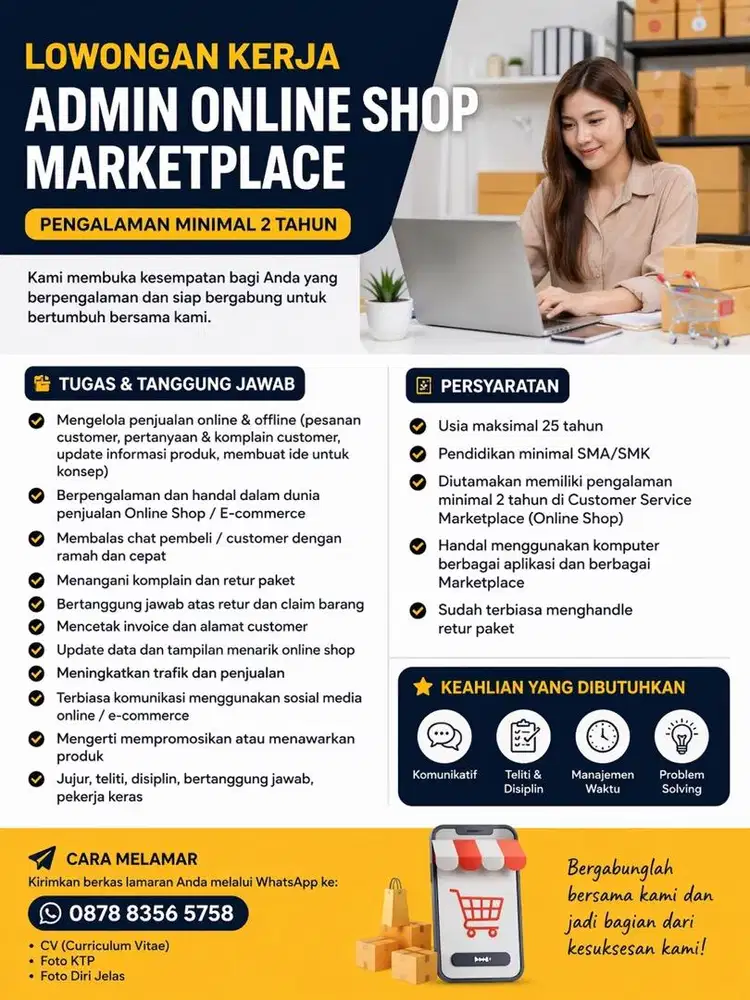 Di Butuhkan Admin Online Shop Market place Pengalaman