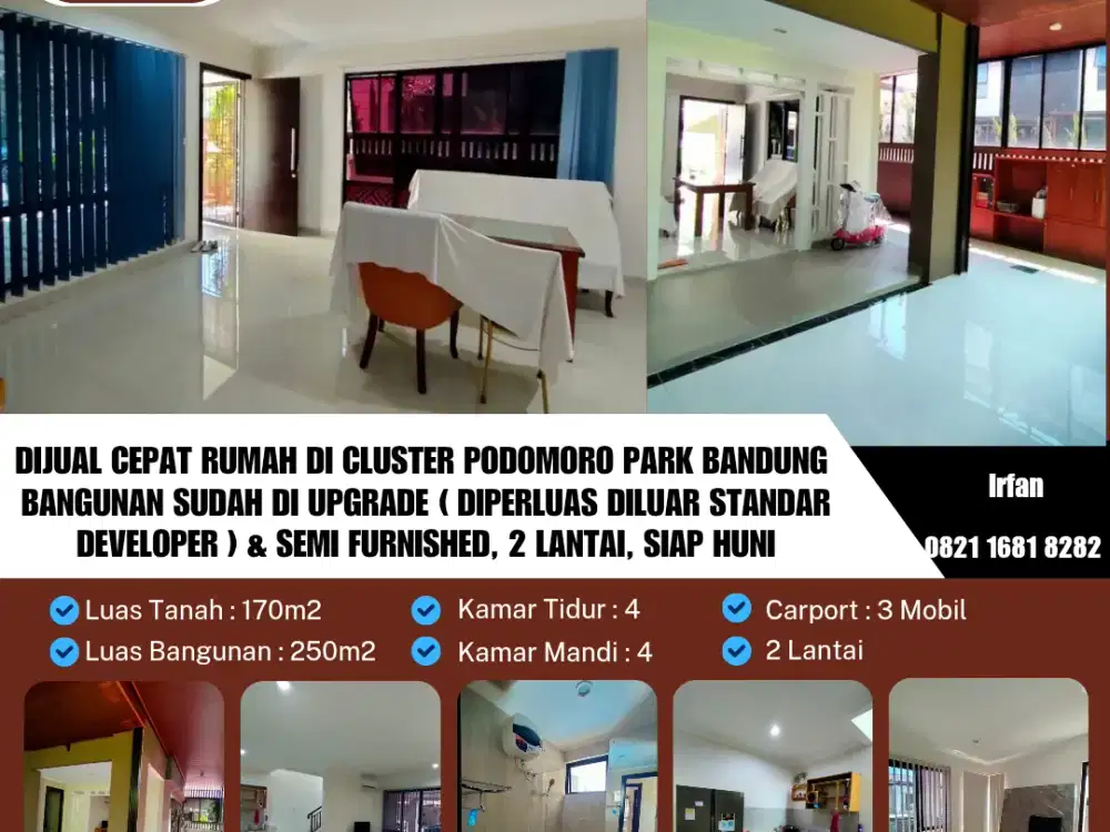 Dijual Cepat Rumah Di Cluster Podomoro Park Bandung 
Bangunan sudah di upgrade ( diperluas diluar standar developer ) & Semi furnished, 2 Lantai, Siap huni