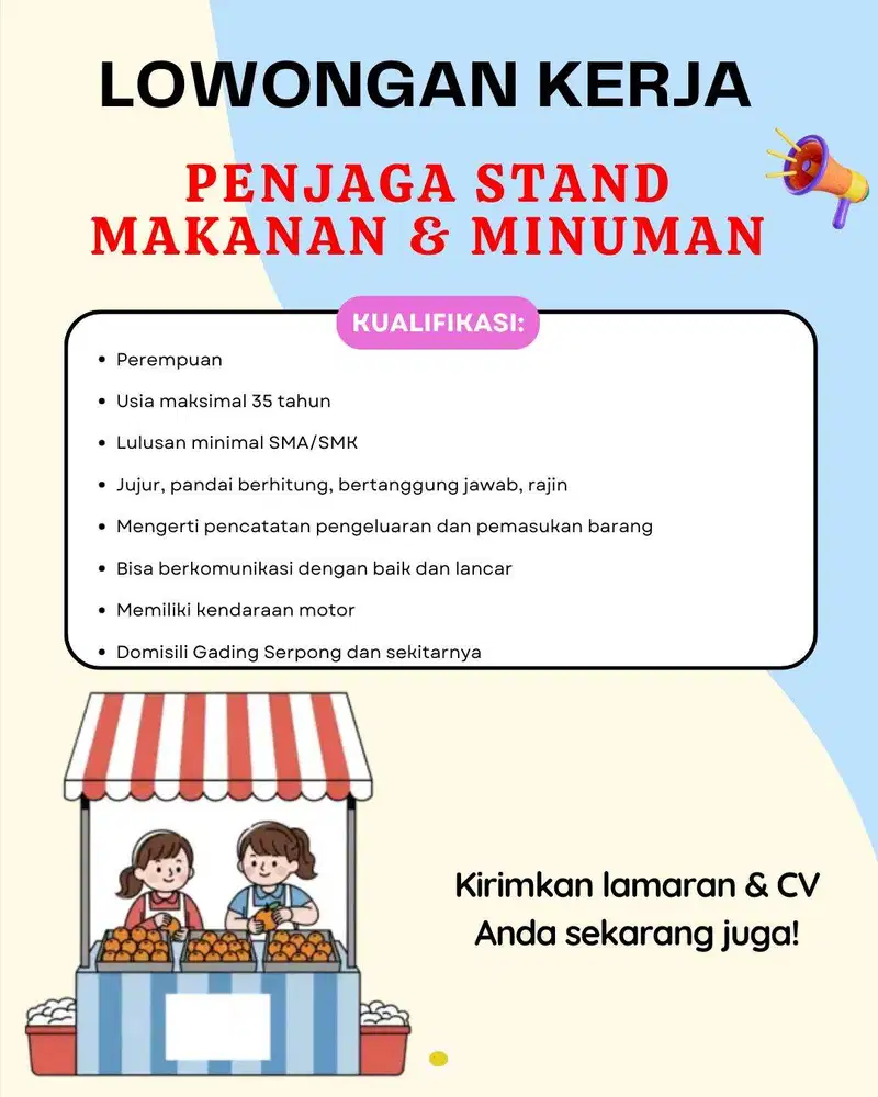 LOWONGAN KERJA PENJAGA STAND MAKANAN & MINUMAN