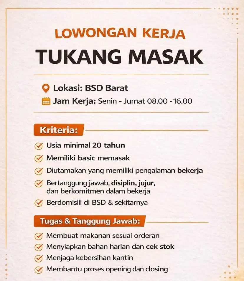 DICARI TUKANG MASAK UNTUK DIKANTIN KANTOR