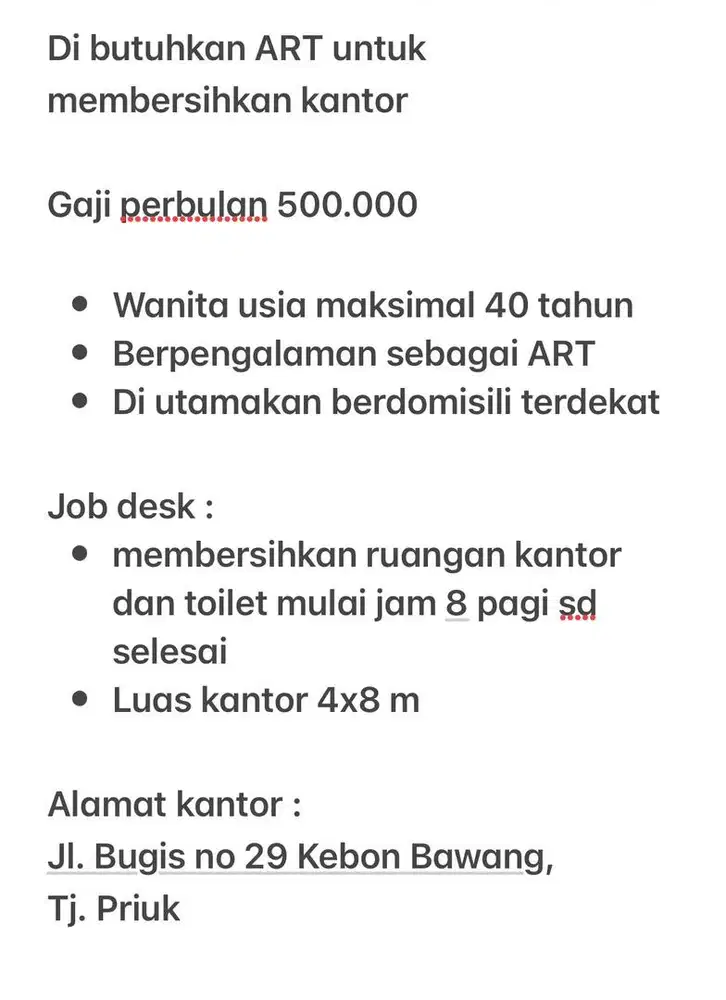 Di butuhkan ART untuk kantor