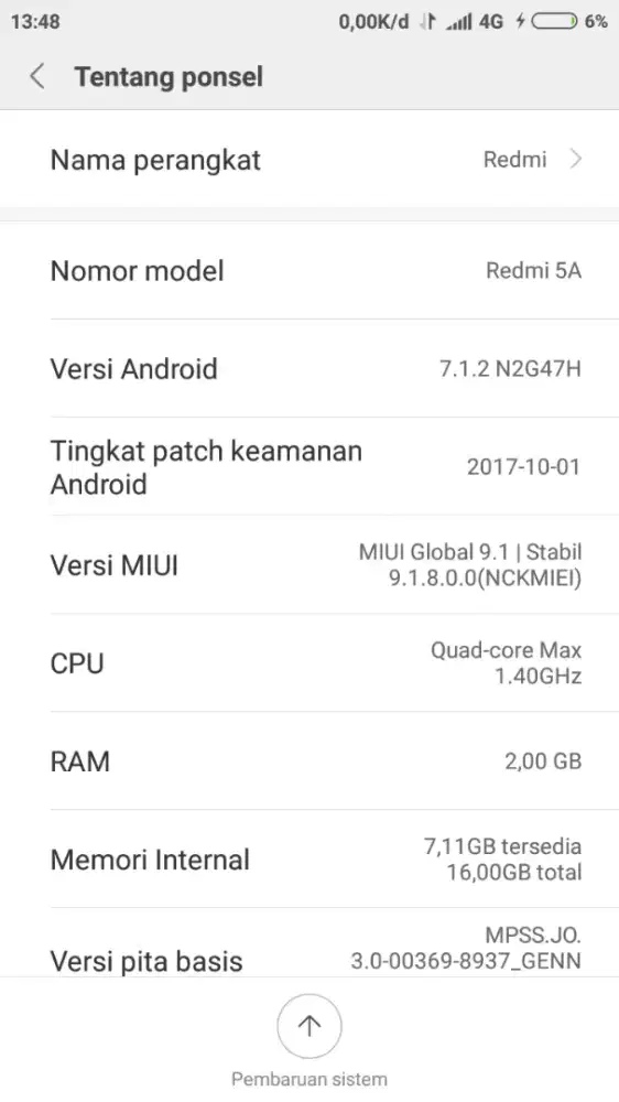 Jual aja hpnya redmi 5a r 2gb fullset