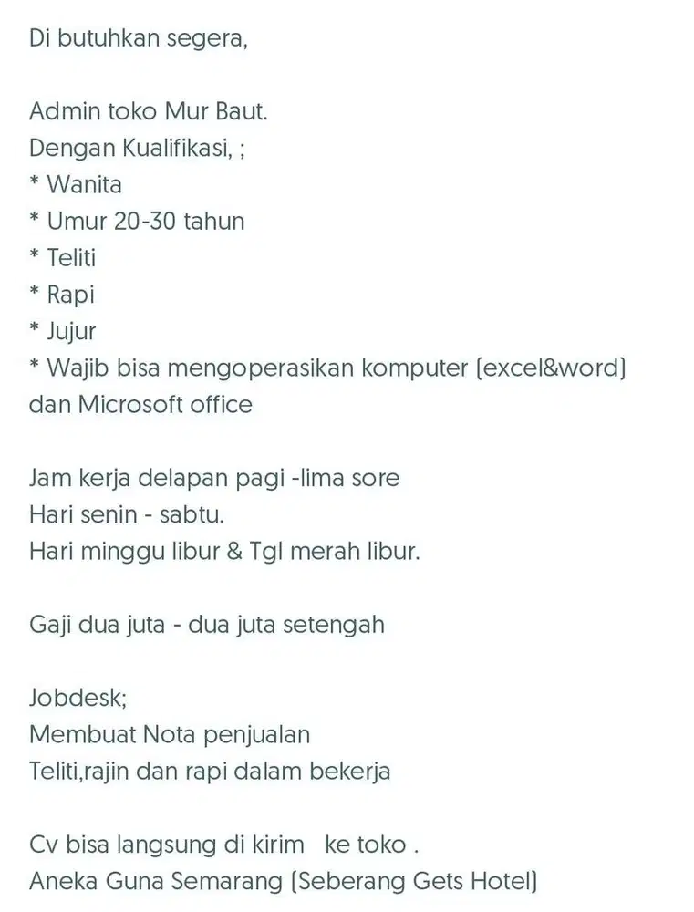 Dibutuhkan administrasi toko mur baut