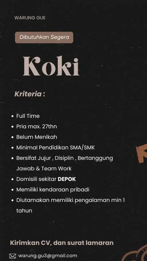 Dibutuhkan koki min 1th pengalaman