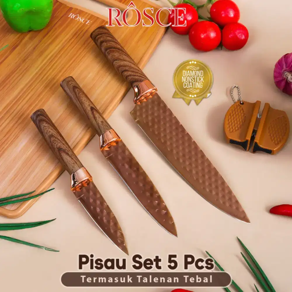 Pisau Set 5 Pcs Titanium Rosce Tajam Motif Diamond Bonus Talenan Tebal