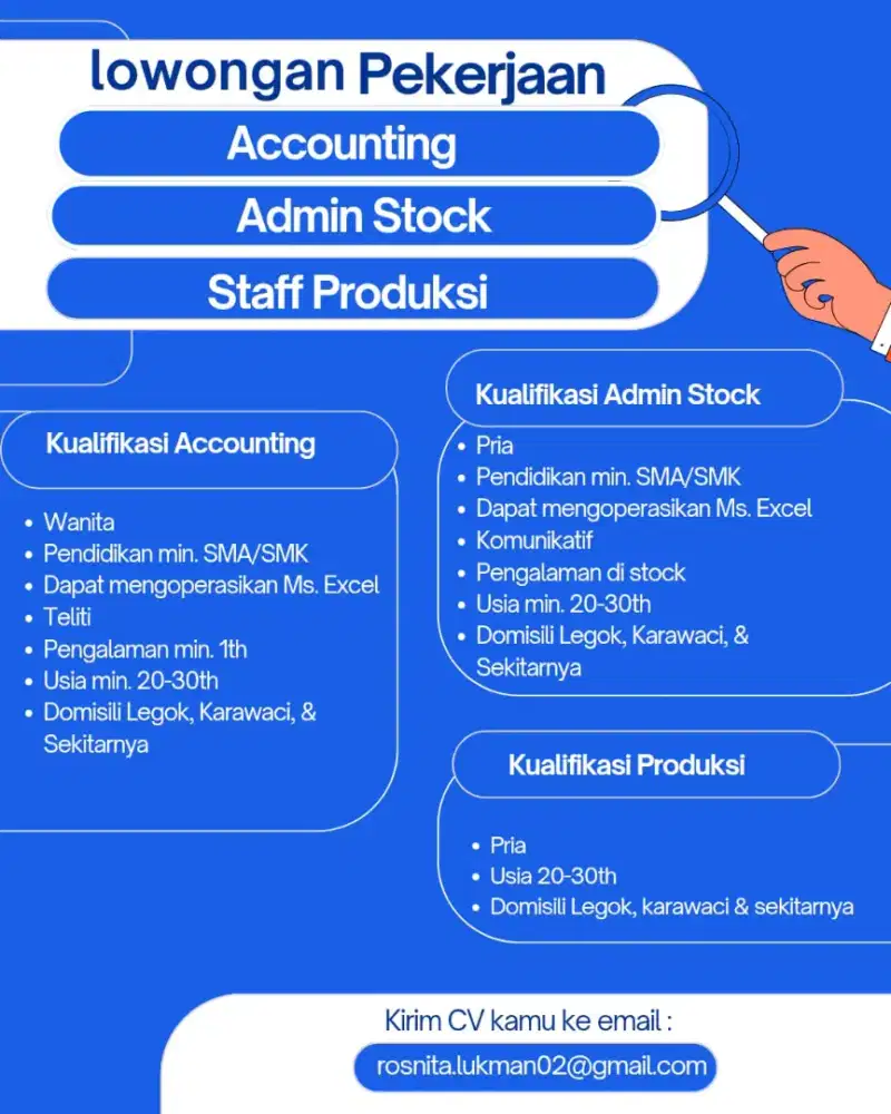 DIBUTUHKAN ACCOUNTING, ADM STOK, & PRODUKSI