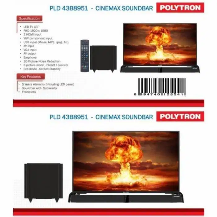 LED TV Polytron PLD 43BV1558 43 inc digital cinemax Soundbar