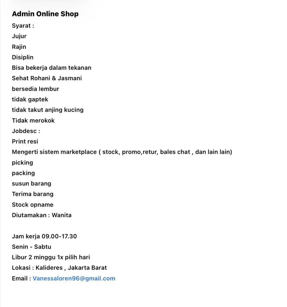 Lowongan admin packing picking Online shop