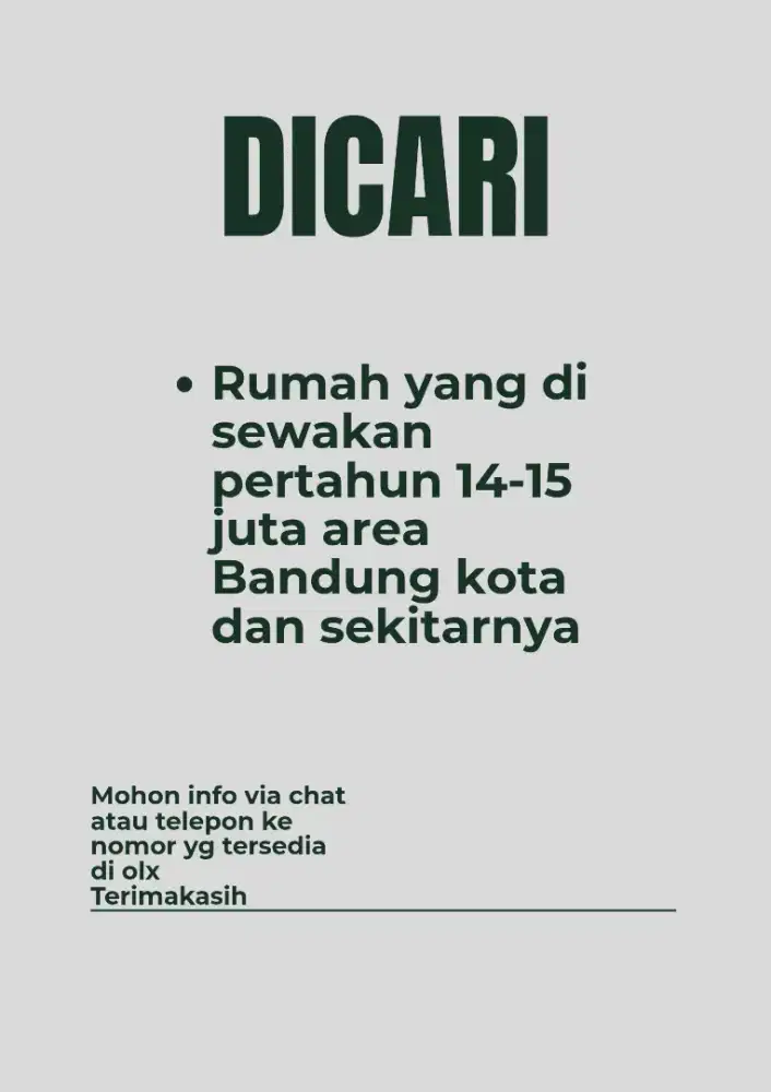 Dicari, rumah/kontrakan per tahun kisaran 15 jt ke bawah