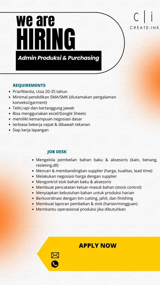 Lowongan Admin Produksi & Purchasing