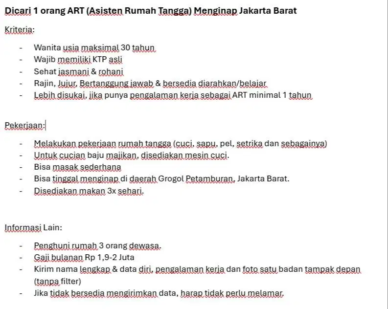 Dibutuhkan 1 orang ART (Asisten Rumah Tangga) Menginap Jakarta Barat