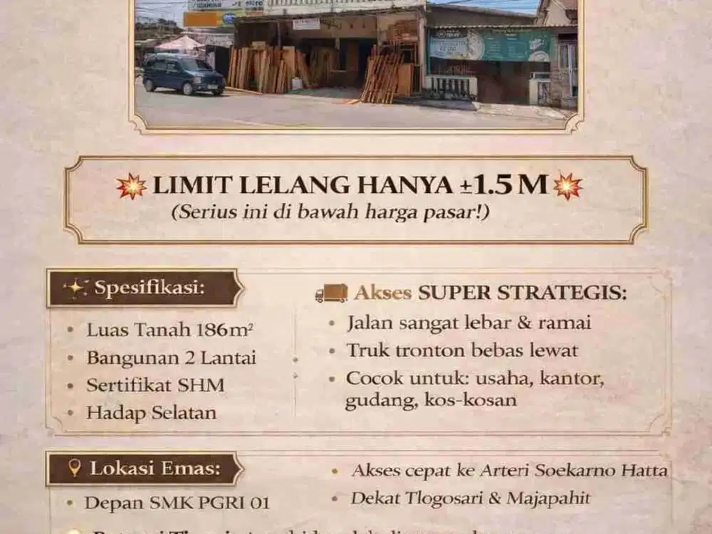 Termurah Tanah Dan Bangunan 2 lantai di Jalan Medoho Raya Selangkah dari Jalan Gajah Raya,Supriyadi,Tlogosari,Arteri Soekarno Hatta,Majapahit. Truk Tronton Bebas Lewat Jalan Sangat Lebar Cocok Untuk Tempat Usaha Kantor Gudang Hunian Pribadi dll