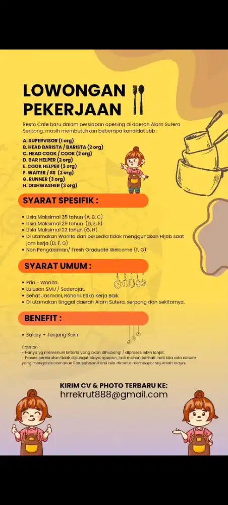 Loker SPV, Barista, Waiter, Runner, Cook, Dishwasher Restocafe