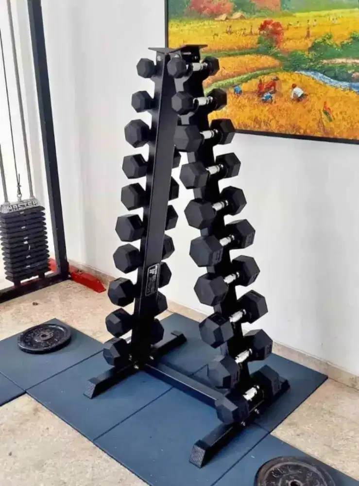DUMBELL SET HEXAGONAL 1 - 10 KG PLUS RACK ALAT FITNESS GYM CENTER
