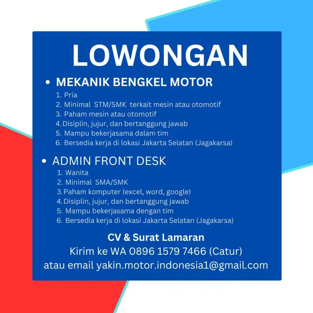 Lowongan mekanik dan staff admin di bengkel motor