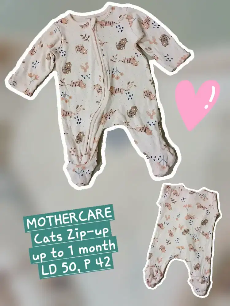 Baju tidur bayi Cats Zip-up Sleepsuit Mothercare up to 1 month