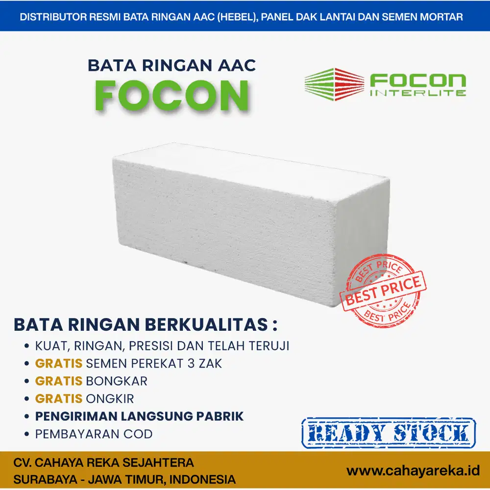 Bata Ringan AAC (Hebel) Focon | Murah,Harga Per M3 | Surabaya