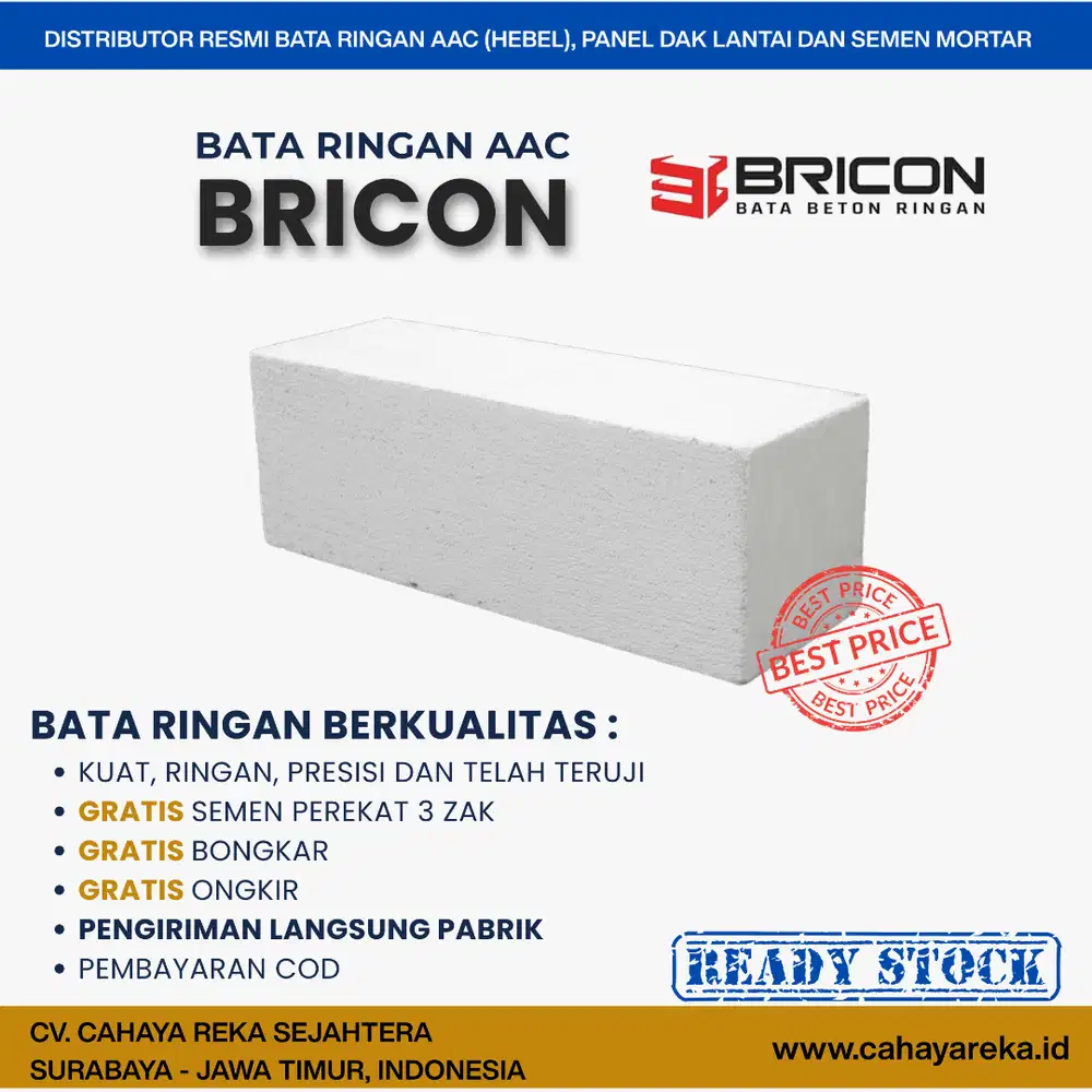 Bata Ringan AAC (Hebel) Bricon | Murah,Harga Per M3 | Surabaya