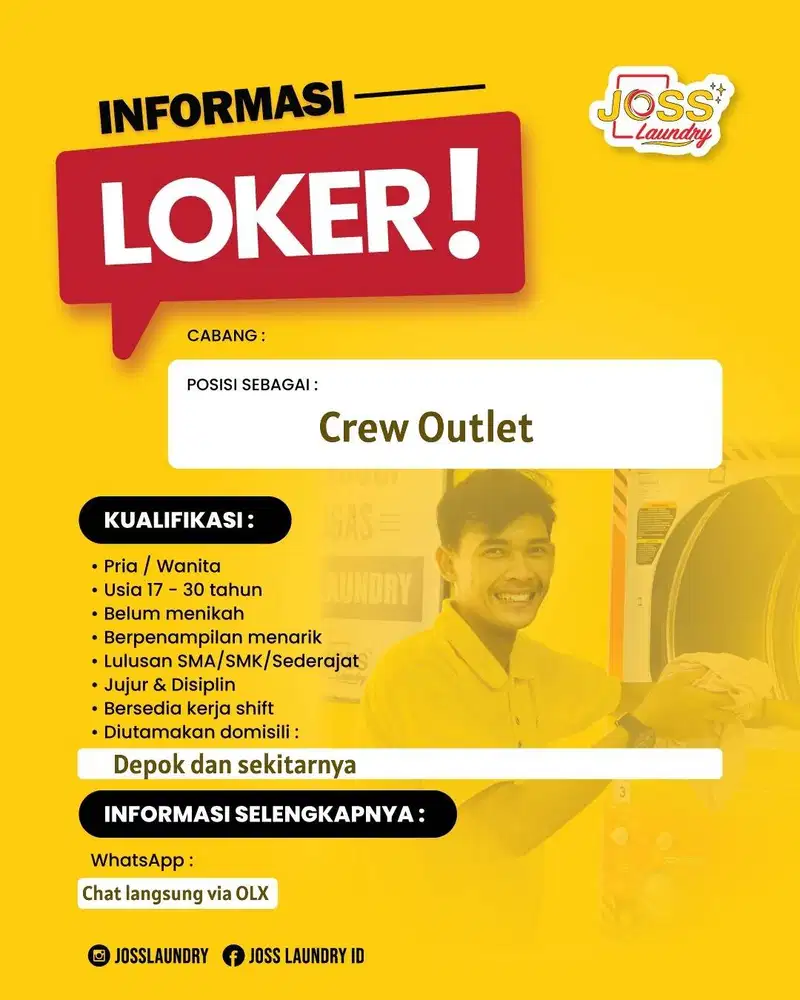 Dibutuhkan Crew Outlet Laundry – Depok | Serius Kerja & Siap Training