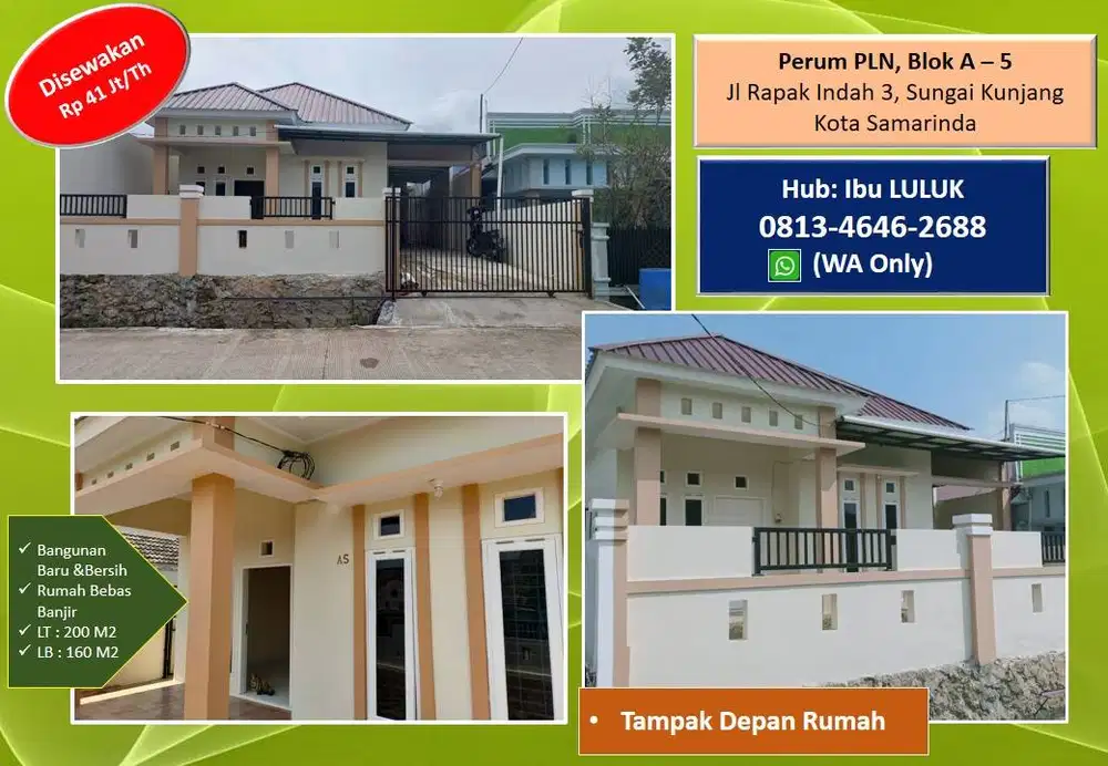 DISEWAKAN RUMAH BARU - BERSIH - BEBAS BANJIR-Tengah Kota SAMARINDA