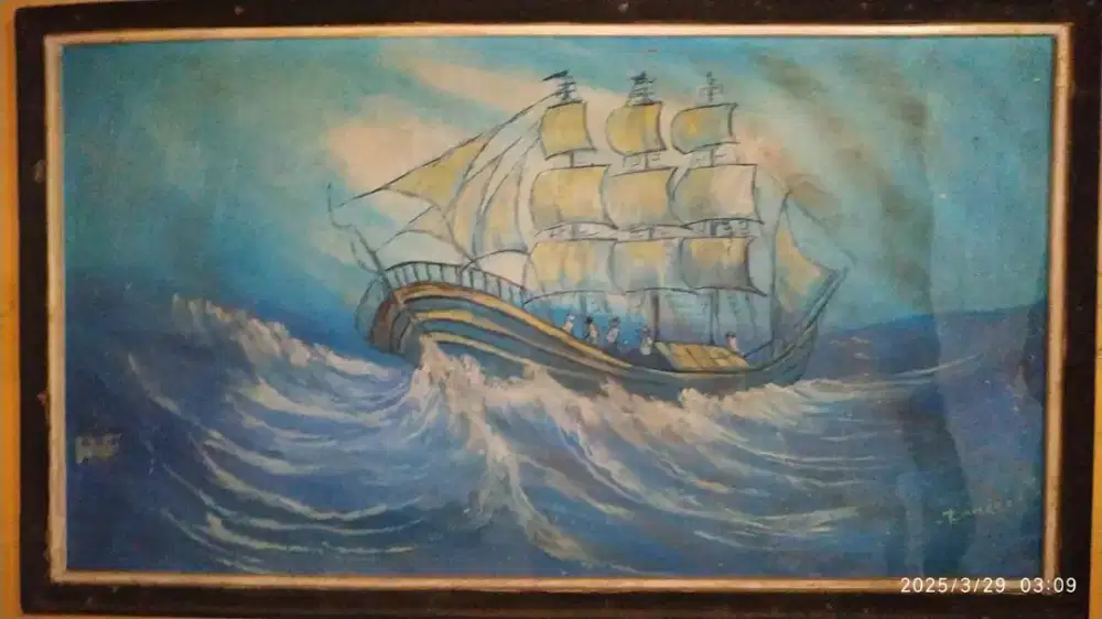 Lukisan perahu layar bahan kanvas jadul