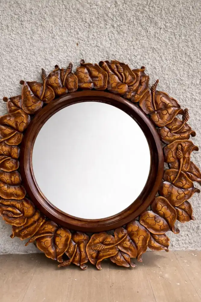 KACA CERMIN MOTIF BUNGA KAYU JATI