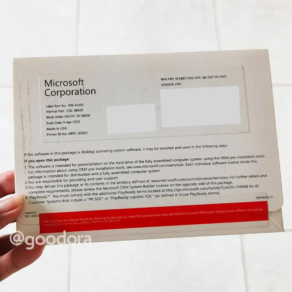 Windows 10 Pro 64bit Original OEM DSP OEI DVD Version 21H1 - Baru