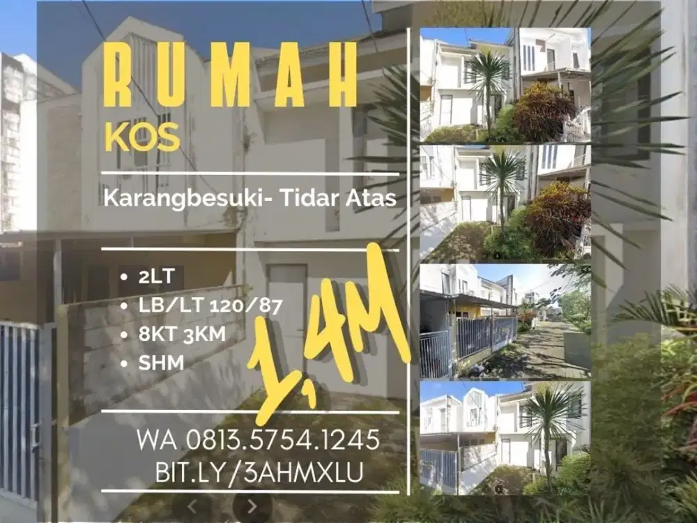 Rumah kos dijual di Gasek TidarAtas Karangbesuki 8KT LB120 hanya 1,4M