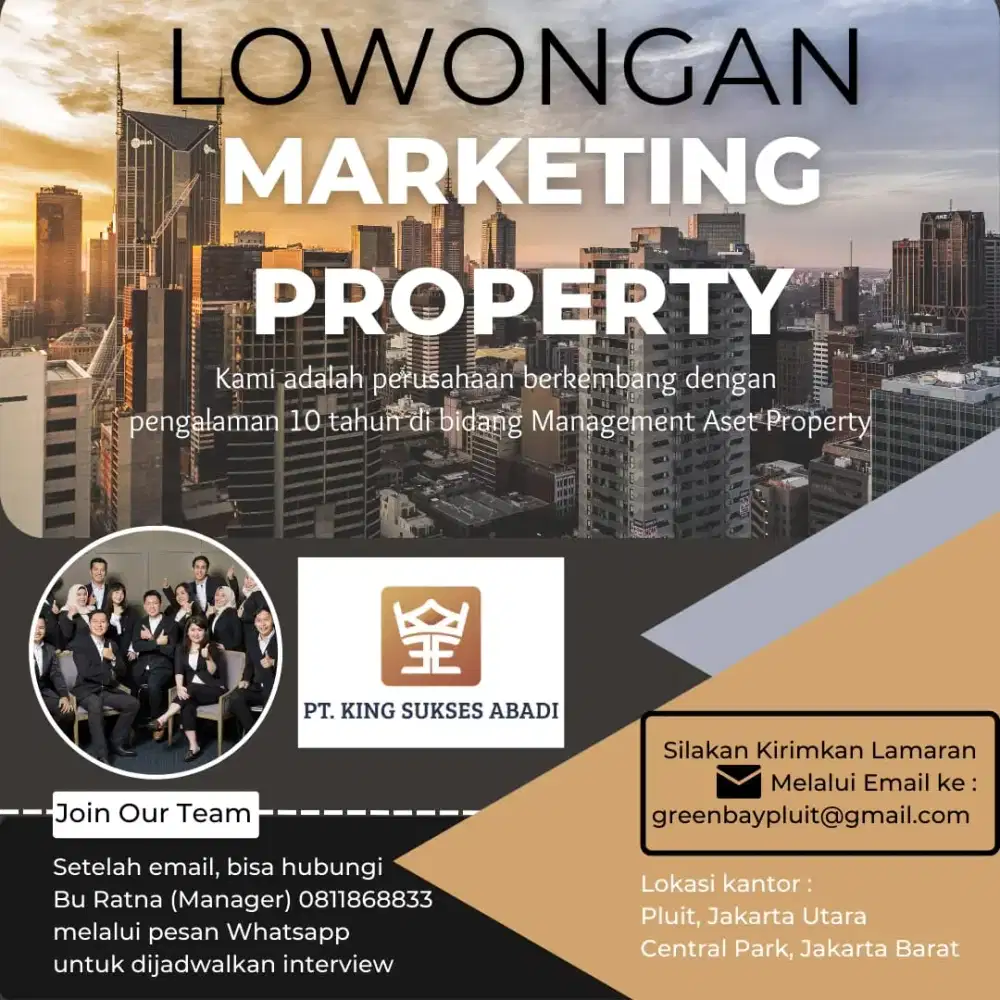 Marketing Property, Gaji + Komisi + Bonus, lokasi Central Park, JakBar
