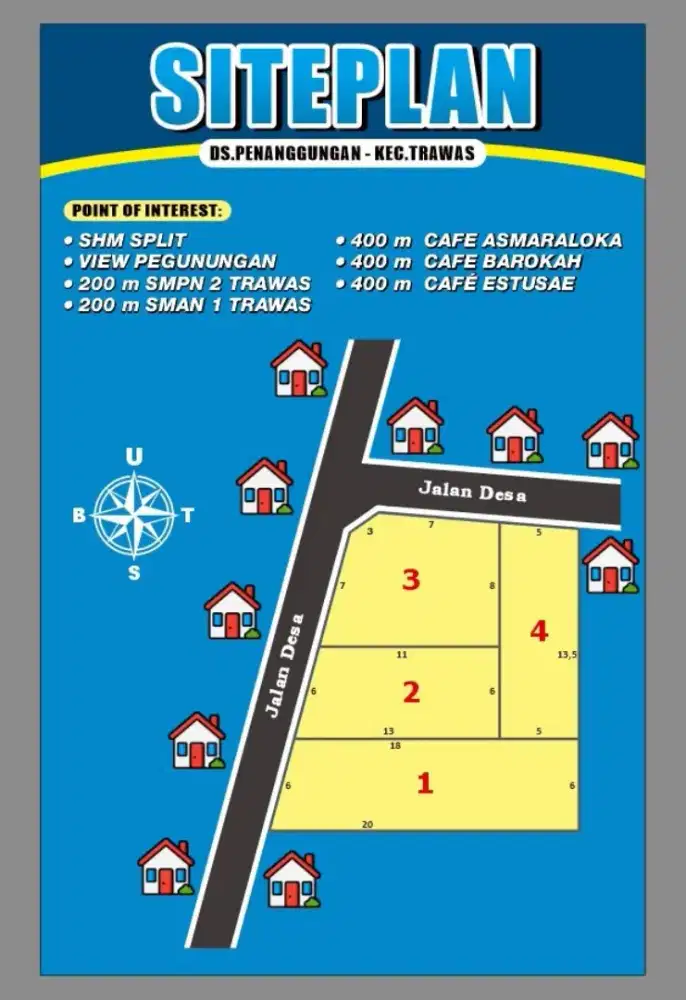 Jual tanah SHM 4 petak lokasi di Trawas ukuran besar 8*12
