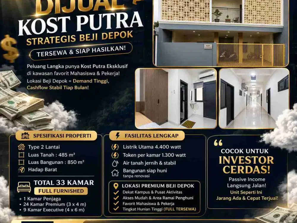 Jual Kost Putra Aktif 33 Kamar Full Furnish 350meter Jl Raya Margonda