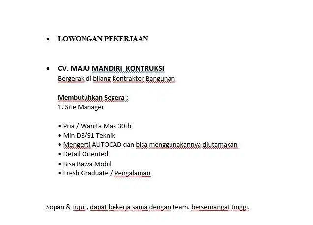 Lowongan Kerja Site Manager
