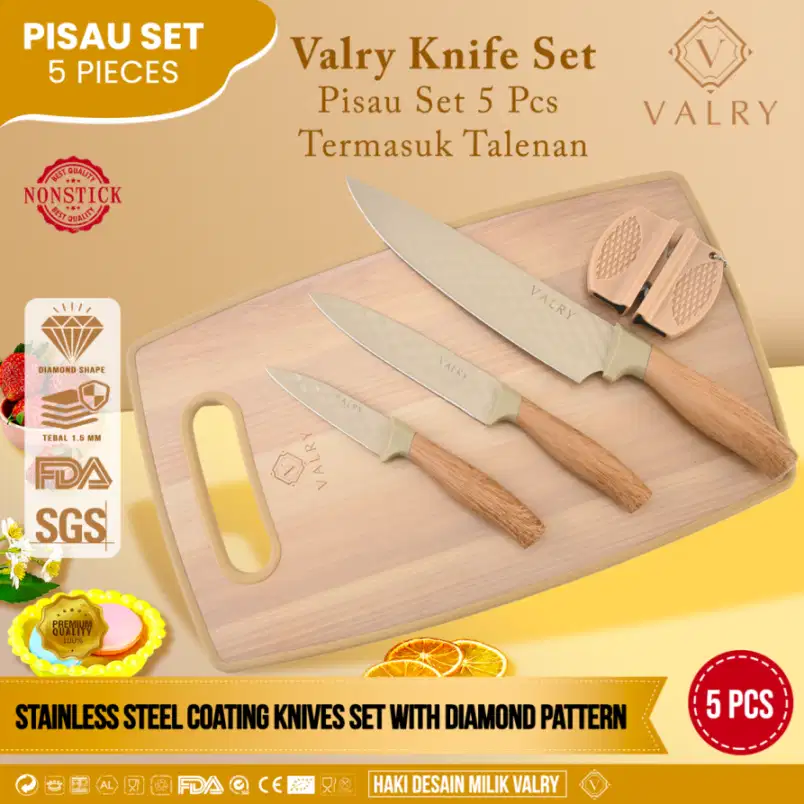 Valry Pisau Set 5 Pcs Jewel Premium Talenan Tebal Pengasah Tajam Awet