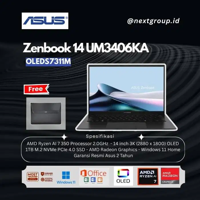 ASUS Zenbook 14 OLED UM3406KA Ryzen AI 7 350 32GB 1TB W11+OHS 14 3K 1